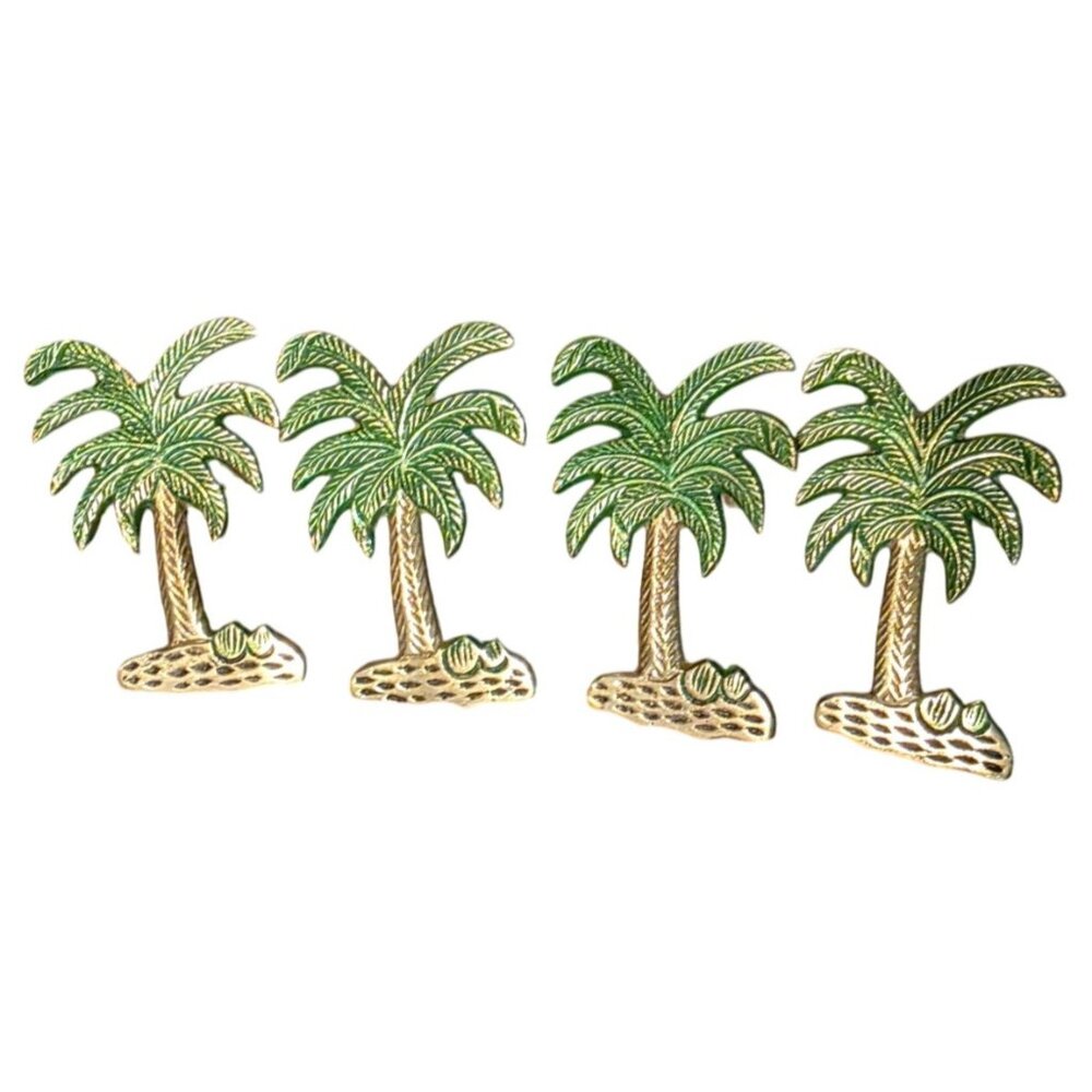 4 Napkin‎ Rings Brass Palm Tree Green Enamel Tropical Jungle